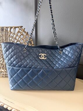 Chanel GST Grand Shopping Tote | Navy Lambskin with Silver Hardware | Authentic